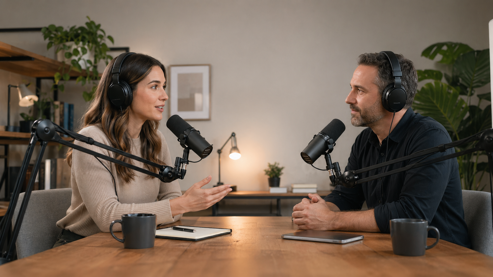 Podcast host and interviewee recording a conversation